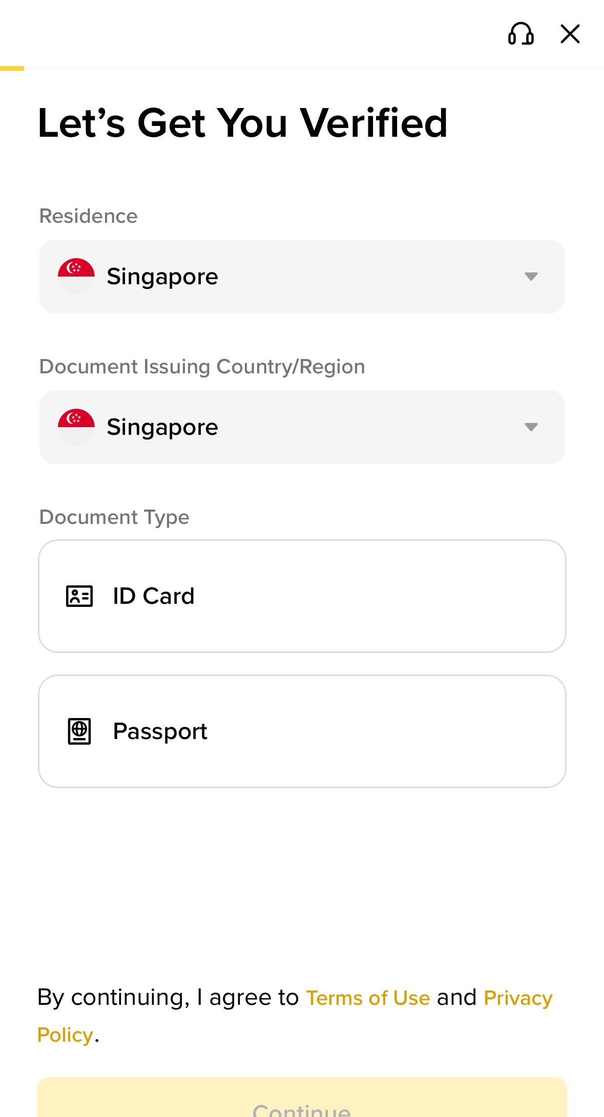 Binance KYC 页面,显示居住地、证件签发地、身份证和护照选项