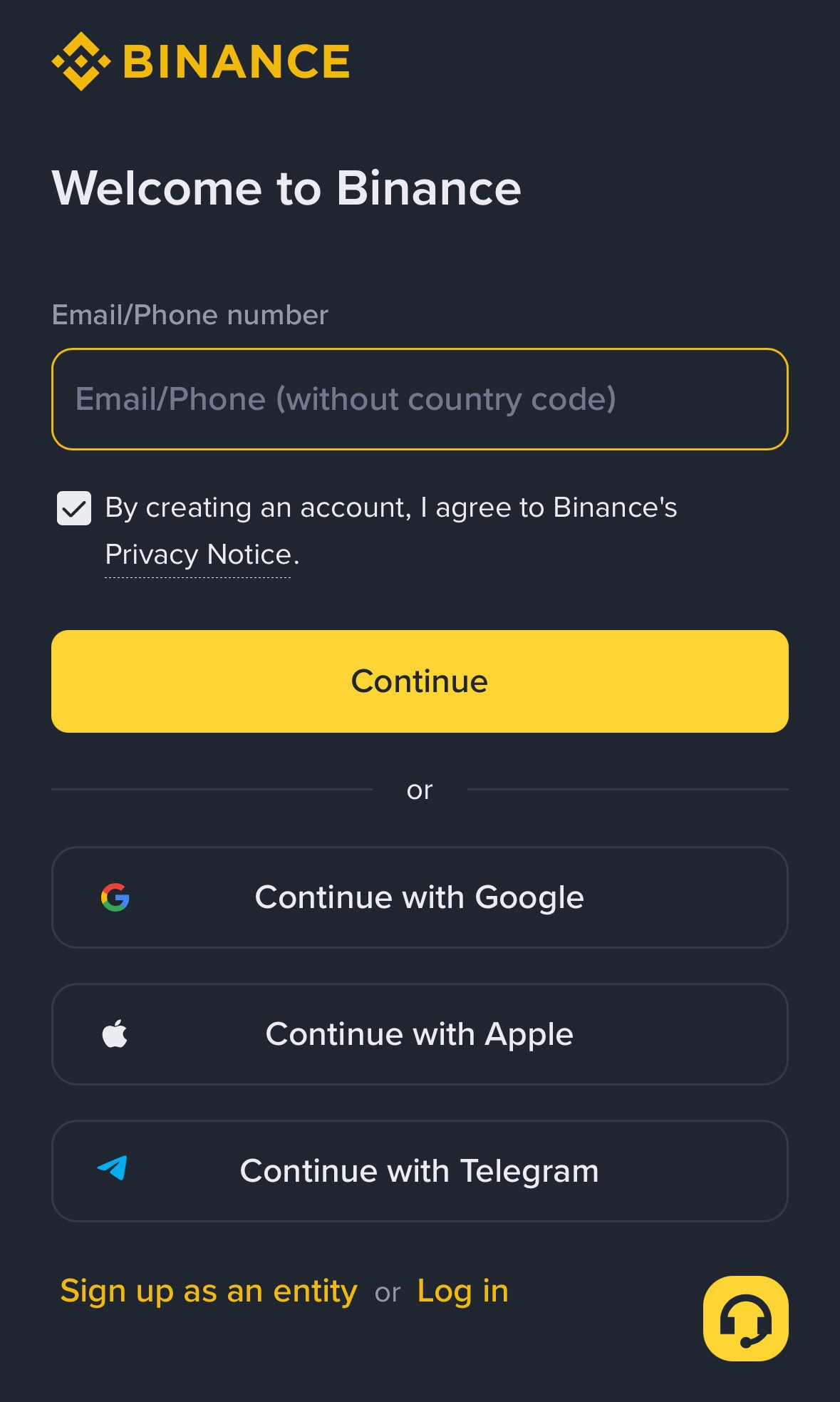 Binance 注册页面,显示邮箱或手机号输入框及 Google、Apple、Telegram 注册选项