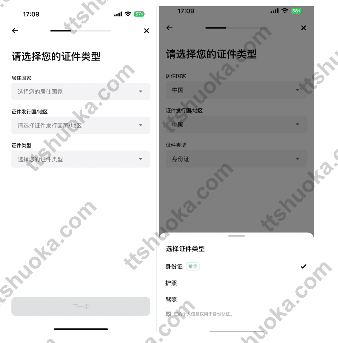 Bitget KYC 身份认证流程示意，显示选择证件、上传证件和验证步骤