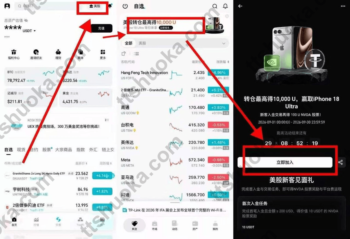Bitget App 从首页进入美股并打开9月活动详情，活动页显示立即加入按钮