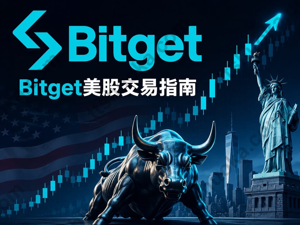 Bitget 美股交易指南封面，展示美国股市、股票走势和 Bitget 品牌
