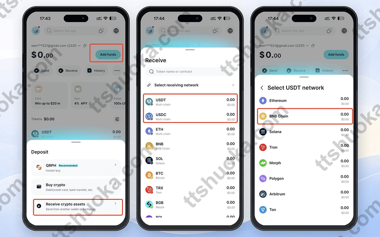 Bitget Wallet Add funds 和 Receive crypto assets 入口