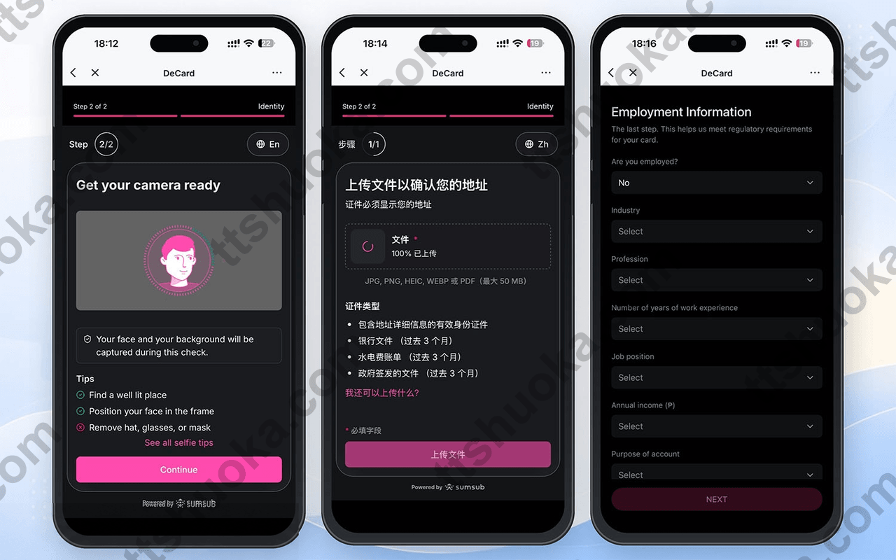 Bitget Wallet Card 人脸识别、海外地址证明和职业资料页面