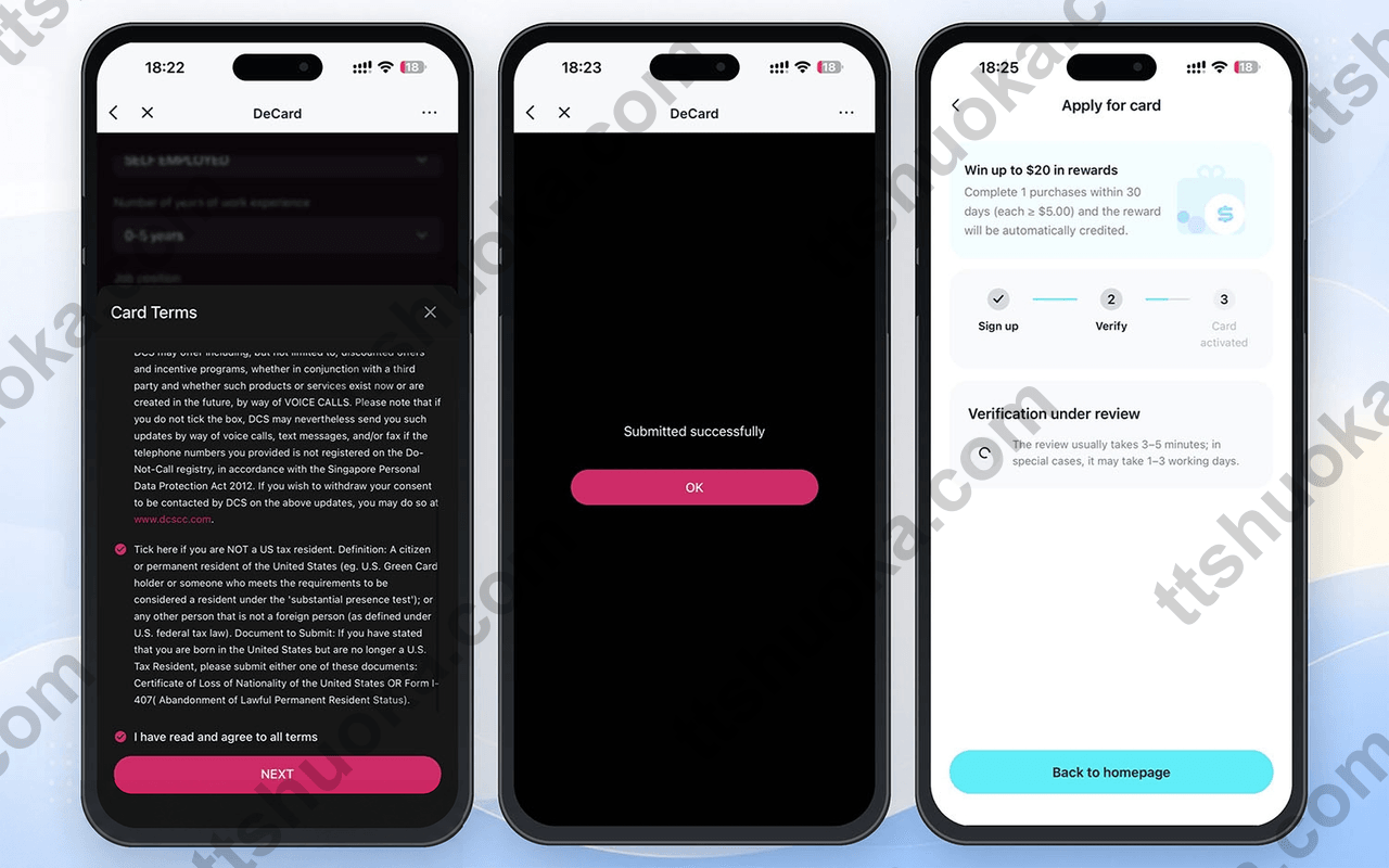 Bitget Wallet Card 同意条款、提交成功和审核中的页面