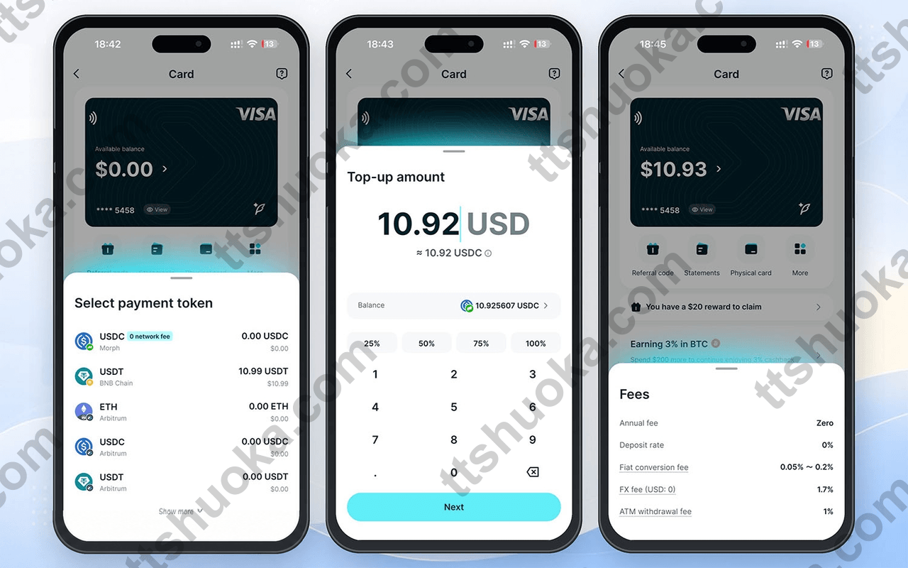 Bitget Wallet Card 充值金额与费用预览页面