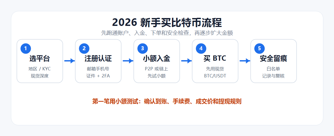 2026 新手买比特币的流程图，从选平台、注册认证、小额入金到买 BTC 和安全设置