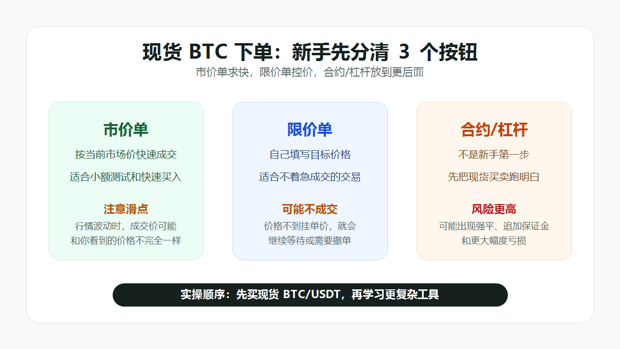 现货 BTC 交易订单类型对比图，说明市价单、限价单和杠杆的区别