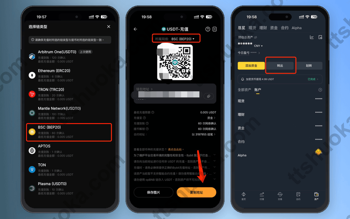 USDT充值网络选择和Bybit收款地址页面